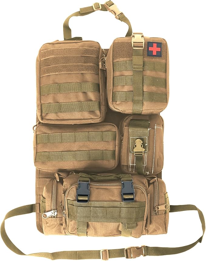 Universal Tactical Seat Back Organizer Vehicle Molle Panel Organizer Storage Bag with 5 Detachable Molle Pouch for All Vehicel Such as Jeep,Truck,SUV, Car, Ford,Chevy etc