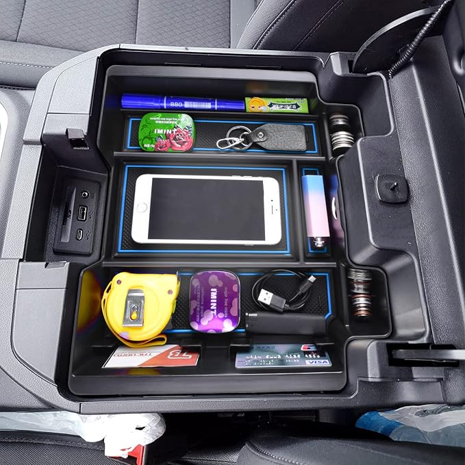 [Full-Coverage Center Console Organizer Compatible with 2019-2022 Chevy Silverado 1500/GMC Sierra 1500 and 2020-2023 Silverado/Sierra 2500/3500HD Accessories, Armrest Insert Tray, Blue
