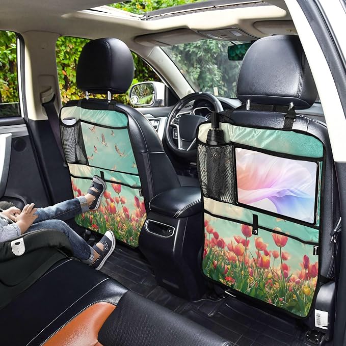 Beautiful Spring Tulips and Herringbone Birds 1 Pack Backseat Car Organizer with Storage Pockets Seat Back Organizers for Kids Kick Mats Backseat Protector Automotive