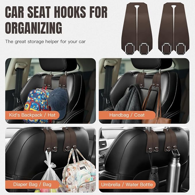 2PCS Car Hooks for Headrest, Faux Leather Purse Hook for Car Seat Back Organizers and Storage, Double Metal Purse Holder Bag Hanger, Universal Car Interior Accessories for Women Man
