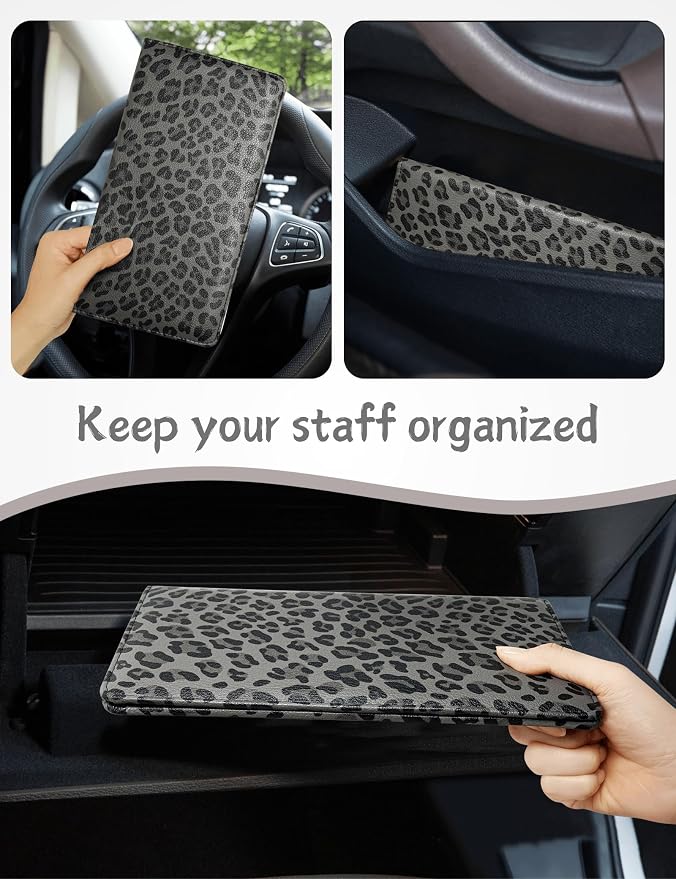 Mymazn Car Registration and Insurance Holder, PU Leather Glove Box Car Organizer with Magnetic Closure, Car Document Holder for Driver's License & Essential Documents (Grey Leopard)