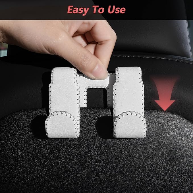 Car Seat Hooks for Tesla Model Y(Juniper) Model 3(Highland), Leather-Wrapped with Stainless Steel Core & Handmade Stitching, Purse Hanger Bag Holder, Automotive Seat Back Organizers (White-2 Pack)