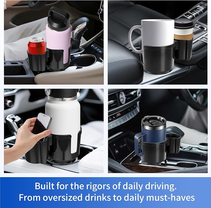 Car Cup Holder Expander W/Offset Adapter, 2-in-1 Cup Holder Extender for Large Bottles up to 4.3", Adjustable Base Fits Stanley, Hydro Flask, Yeti, Universal Car Cup Holder for Most Vehicles