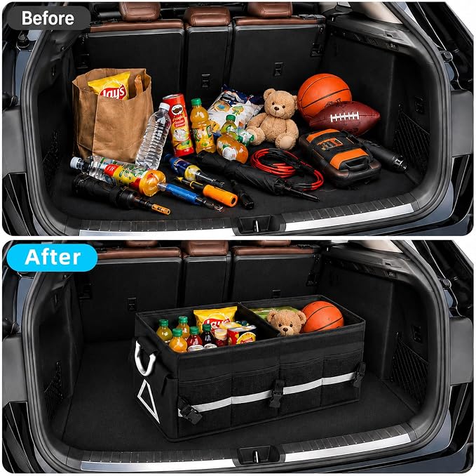 Car Trunk Organizer with Lid, Collapsible SUV Trunk Organizer, Foldable Cargo Organizer with 4 Compartments, Non-Slip Bottom, Securing Straps, Large Capacity Storage Bag for SUV Truck Van, Black