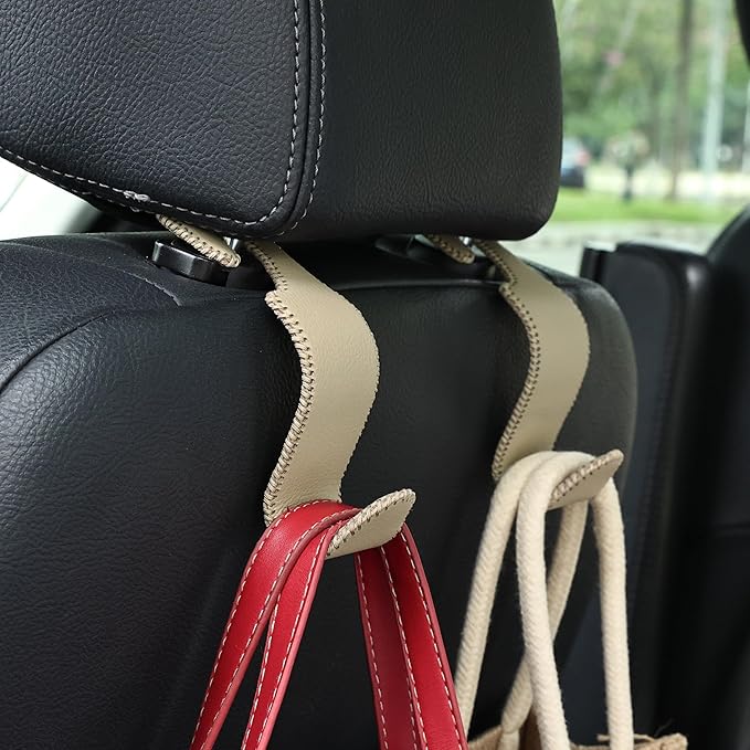 Amooca Car Seat Headrest Hook Universal Vehicle Storage Hanger Leather with Metal Car Seat Back Organizer for Handbag Purse Coat Beige 2 Pack
