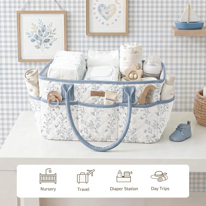 Konssy Floral Quilted Diaper Caddy Organizer, Diaper Caddy Basket with PU Leather Handles, Water-Repellent Nursery Storage Basket, Portable Car Organizer, Registry Search Must Haves (Blue Garden)