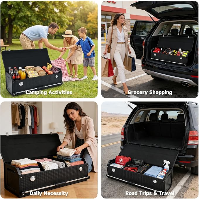 SUV Trunk Organizers, Sturdy Leather Trunk Storage Organizer with Lid & Push-pull Handle, Large Capacity Waterproof Cargo Storage Box for BMW Audi Civic Sedan (39.7 x 11.4 x 12.2in)
