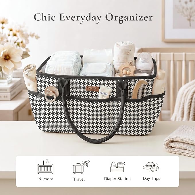Konssy Quilted Diaper Caddy Organizer, Diaper Caddy Basket with PU Leather Handles, Water-Repellent Nursery Storage Basket, Portable Car Organizer, Registry Search Must Haves (Black Hound)