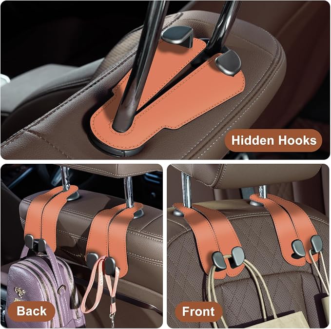 CoBak Purse Hook for Car - Universal Premium Stitched Leather and Aluminum-Magnesium Alloy Double Car Seat Back Storage Hook for Purses, Handbags, Bags (2 Pack),Coral Orange