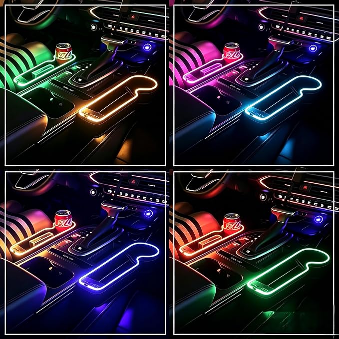 7 Color Led Car Seat Gap Organizer with 56W Type C USB Charging Multifunctional Front Seat Organizer with Cup Holder Console Organizer Seat Gap Filler with Vibe Lamp for Andriod iPhone Grey