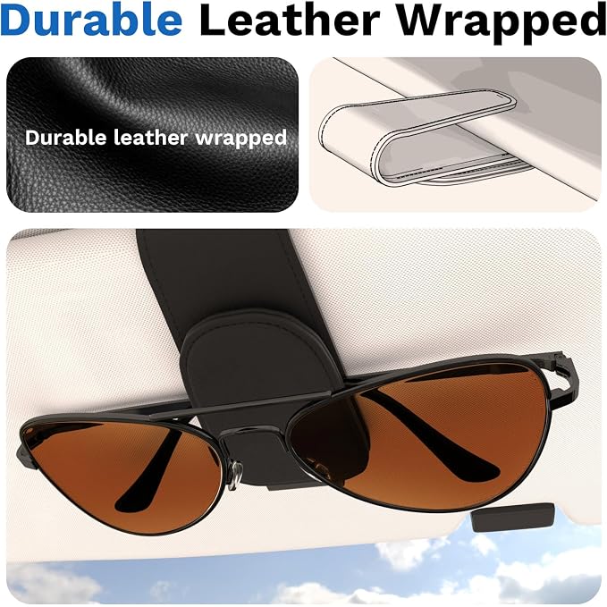 BFXM 2PCS Sunglass Holder for Car, Car Accessories Interior, Leather Clip Magnetic Car Sunglass Holder, Cars Sun Visor Ticket Card Clip, Universal Truck Accessories (Black)