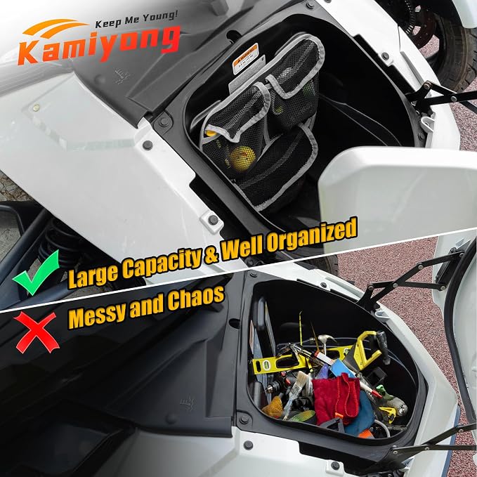 Front Trunk Organizer with Mesh Pocket for Spyder, Frunk Tool Bag Side Wall Storage Accessories for Can-Am Spyder F3 F3-S F3-T F3-L 2015-2025, White Piping