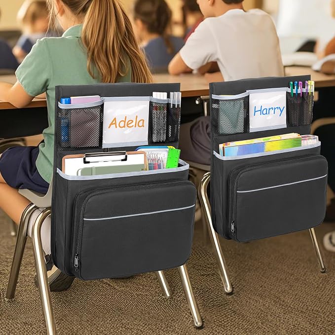 GRAOSO 15” x 20” Chair Pocket For Classroom, 1 Piece Seat Sack, Chairback Buddy Organizer Pocket for School, Kindergarten with Name Tag, Mesh Pockets, Binder Pages Storage (Black)