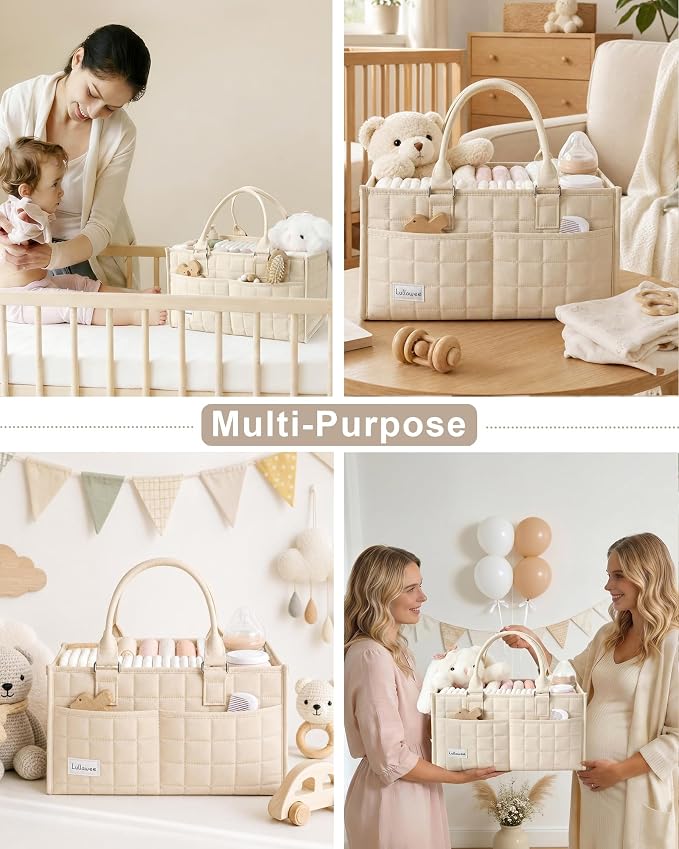 Baby Diaper Caddy Organizer, Portable Nursery Storage Basket with Handle for Newborn Boy or Girl, Gift for Baby Shower Essentials, Registry Must Have Bag, Caddie Car Organizer, Beige