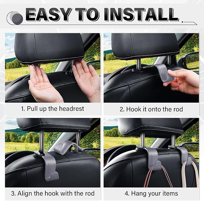 SINGARO 4 Pack Car Seat Headrest Hooks, Vehicle Back Seat Hanger Storage Organizer for Purse Handbag Backpack Coat Grocery, 360° Rotating Heavy Duty Holds 44lbs, Gray
