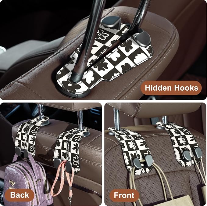 CoBak Purse Hook for Car - Universal Premium Stitched Leather and Aluminum-Magnesium Alloy Double Car Seat Back Storage Hook for Purses, Handbags, Bags (2 Pack),Chess Flower