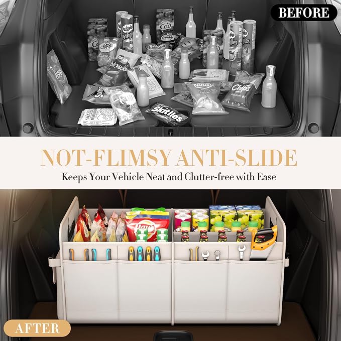 titiyiof Trunk Organizer For Suv & Sedan,Car Organizers and Storage, Waterproof Collapsible & Adjustable Straps,75L Sturdy Car Organization for Car Accessories, Tools,Sundries,2-3 Compartment(Beige)