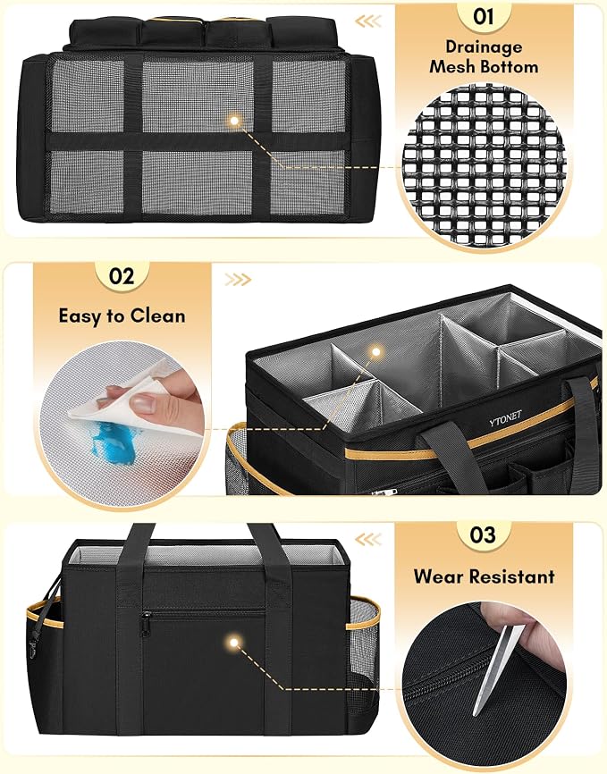Ytonet Cleaning Caddy Bag with Detachable Apron, Extra Large Cleaning Supplies Organizer with Foldable Dividers, Portable Cleaner Tote with Handle, Cleaner Caddy for Housekeeper, Detailing Bag, Black
