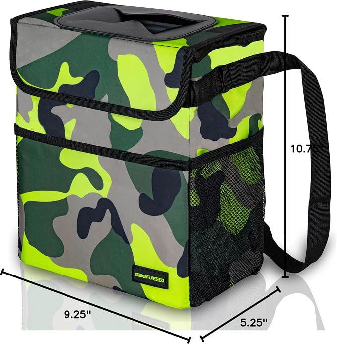 SIBOFUEGO Cute Car Trash Can with Lid – Multipurpose Collapsible Trash Bin for Car, Leak-Proof Organizer, Waterproof Garbage Can with Storage Pockets & Adjustable Straps, 2 Gallons (Camo Green)