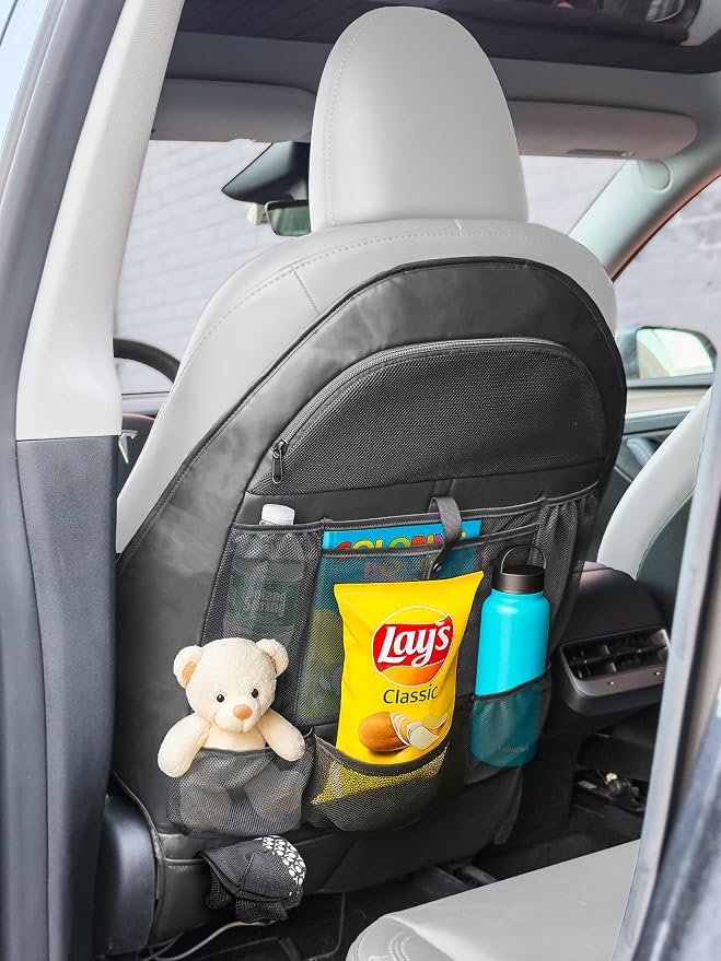 Back Seat organizer for Tesla Model 3 / Model Y (Premium Vegan Leather) Custom fit Car Seat Back Protector with Storage Pockets (Black)