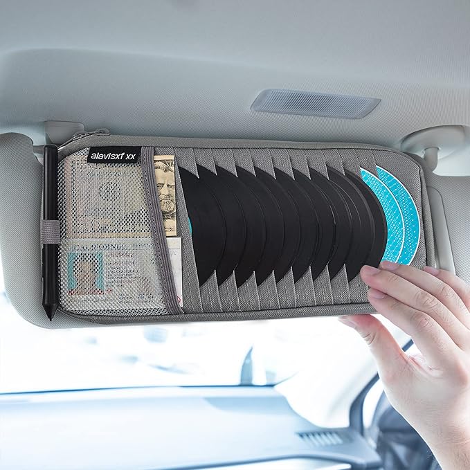 alavisxf xx Car CD Visor Holder, 12 Sleeves Organizer with Mesh Pocket | Durable Oxford Cloth, Holds 12 CDs/DVDs, 1 Pen Holder, 1 Back Inner Pocket, Disc Storage Organizer, Fits Most Vehicle Visors