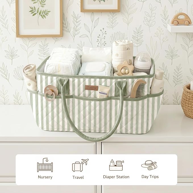 Konssy Quilted Diaper Caddy Organizer, Diaper Caddy Basket with PU Leather Handles, Water-Repellent Nursery Storage Basket, Portable Car Organizer, Registry Search Must Haves (Green Stripe)