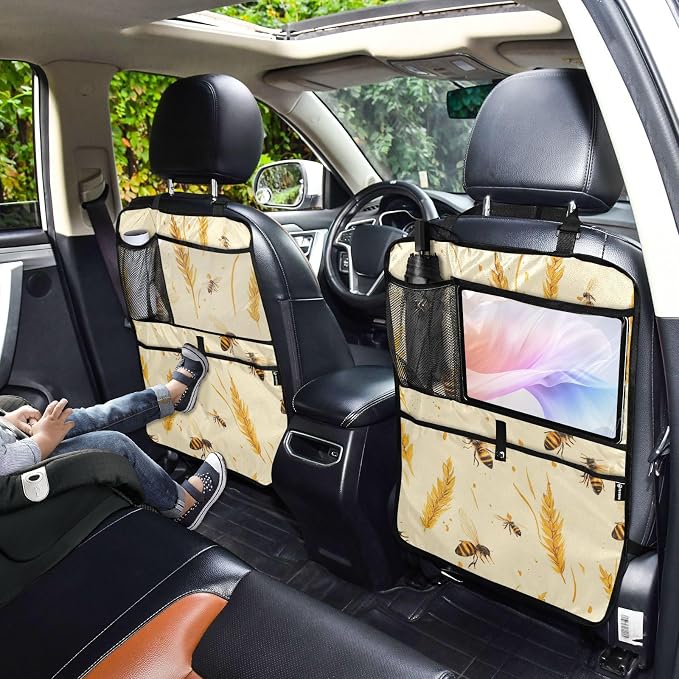 Fall Wheat Yellow Bees 1 Pack Backseat Car Organizer with Storage Pockets Seat Back Organizers for Kids Kick Mats Backseat Protector Automotive