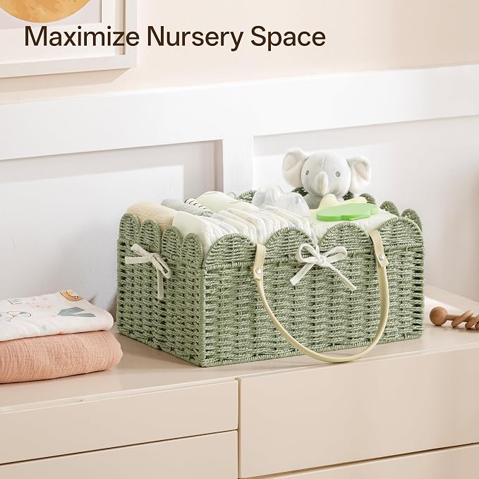 Angelhood Scalloped Paper Rope Diaper Caddy, Woven Floral Baby Diaper Organizer with Dividers for Changing Table, Nursery & Car Portable Baby Gift Basket