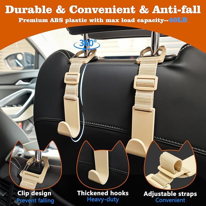Amooca Car Headrest Hooks 4 Pack Adjustable Universal Fit Auto Seat Back Organizer Storage Hanger Purse Bags Holder with Clip Beige