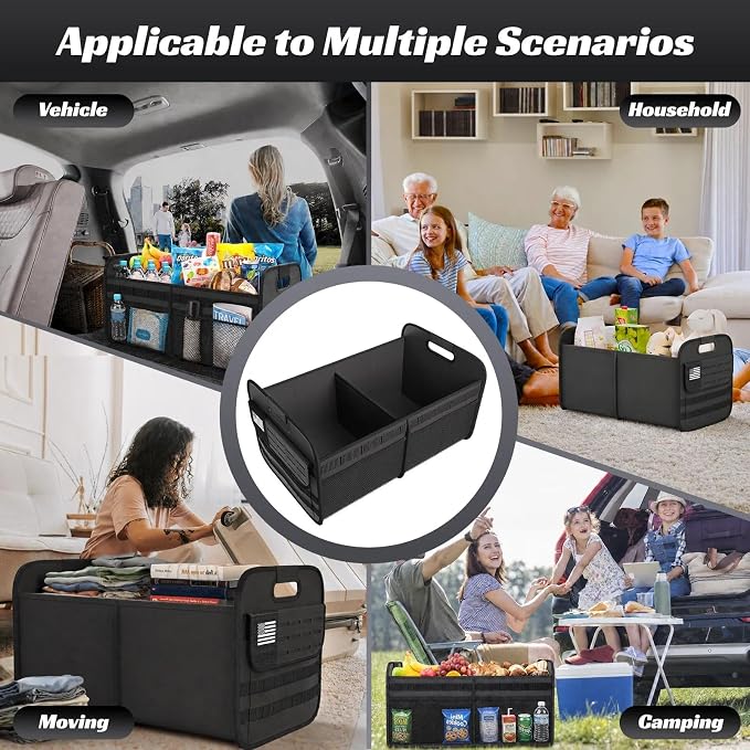 Sposuit Car Trunk Organizer for SUV - 65L Collapsible Tactical MOLLE Car Storage with Reinforced Handles & Multiple Pockets, Sturdy Trunk Organizers for Groceries, Tools & Outdoor Storage (Black)