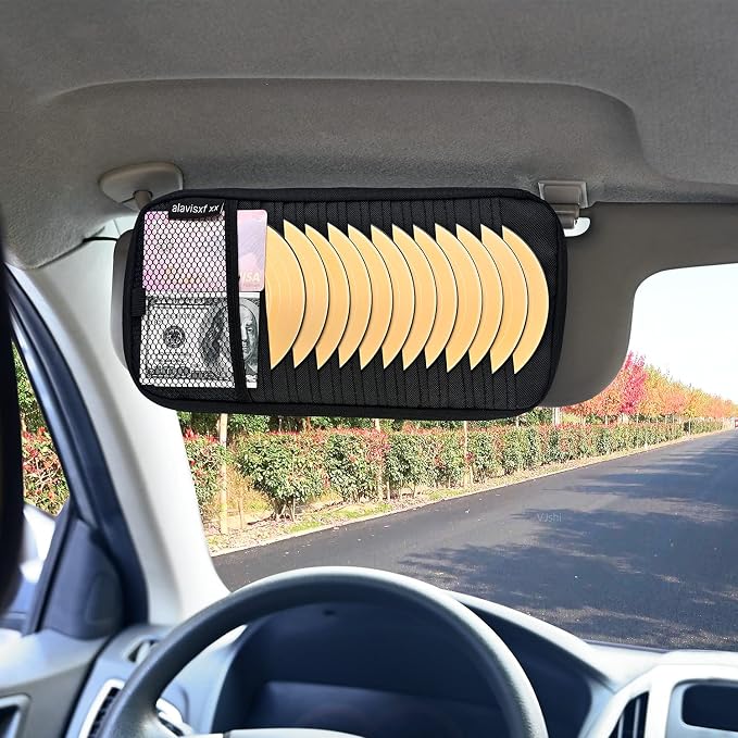 alavisxf xx Car CD Visor Holder, 12 Sleeves Organizer with Mesh Pocket | Durable Oxford Cloth, Holds 12 CDs/DVDs, 1 Pen Holder, 1 Back Inner Pocket, Disc Storage Organizer, Fits Most Vehicle Visors