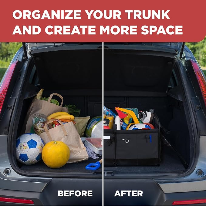 TRUNKCRATEPRO Car Organizers and Storage Premium Adjustable Multi Compartments Car Storage Organizer | Portable and Foldable SUV Trunk Organizer for Car (Standard Size, 20.86"L x 13.4"W x 10"H )-Black