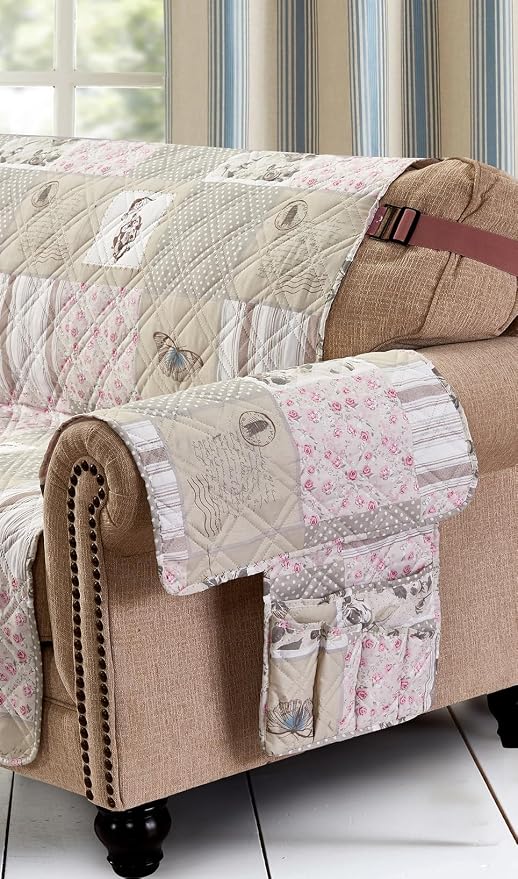 Brilliant Sunshine Grey Cupid and Pink Roses Patchwork Couch Armrest Organizer, Non Slip Armchair Caddy for Sofa Recliner, Washable Remote Control Holder, Storage for Magazine, Phone, iPad (35"×13")