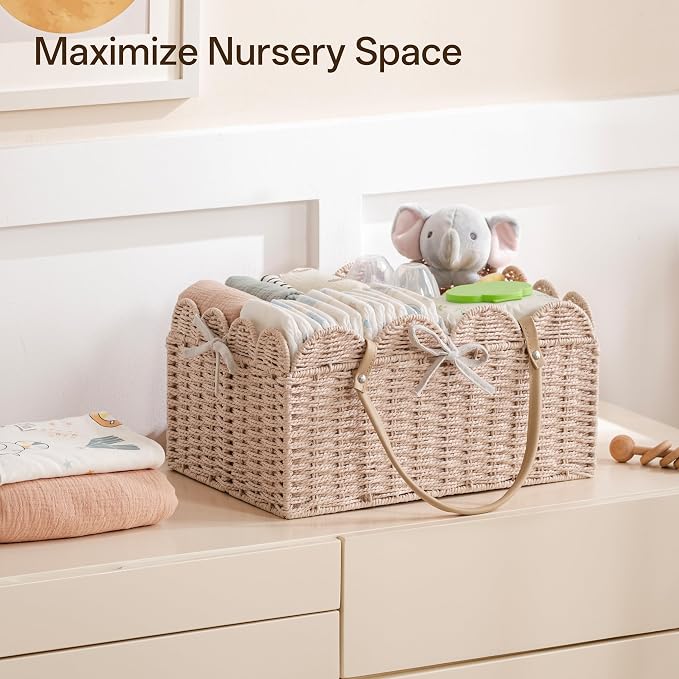 Angelhood Scalloped Paper Rope Diaper Caddy, Woven Floral Baby Diaper Organizer with Dividers for Changing Table, Nursery & Car Portable Baby Gift Basket