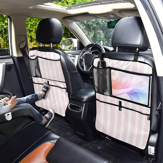 Pink and White Stripes 2 Pack Backseat Car Organizer with Storage Pockets Seat Back Organizers for Kids Kick Mats Backseat Protector Automotive