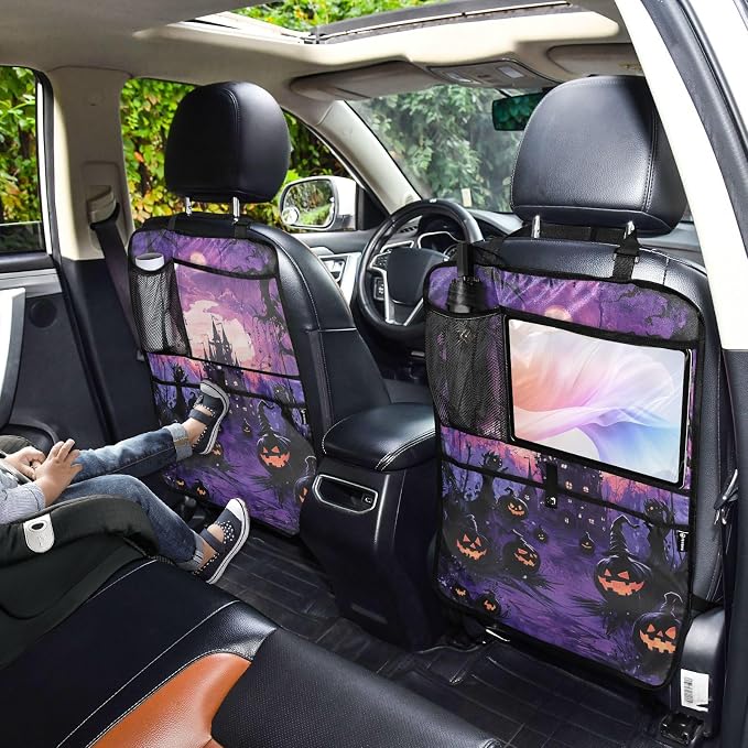 Purple Halloween Bat Pumpkin 2 Pack Backseat Car Organizer with Storage Pockets Seat Back Organizers for Kids Kick Mats Backseat Protector Automotive
