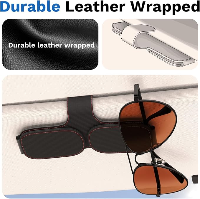 BFXM Sunglass Holder for Car Double Clip, Car Accessories Sunglasses Clip for Car Visor, Magnetic Leather for Car Visor, Cars Sun Visor Ticket Card Clip