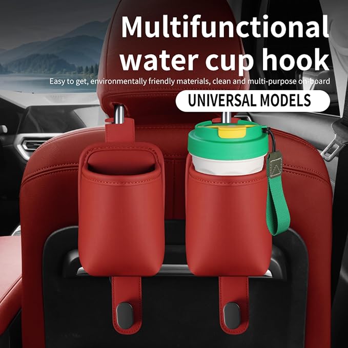 2-Pack Car Seat Back Cup Holder Organizer, Red | Faux Leather, With Hooks, Universal Backseat Storage, For Drinks, Bottles & Travel Accessories