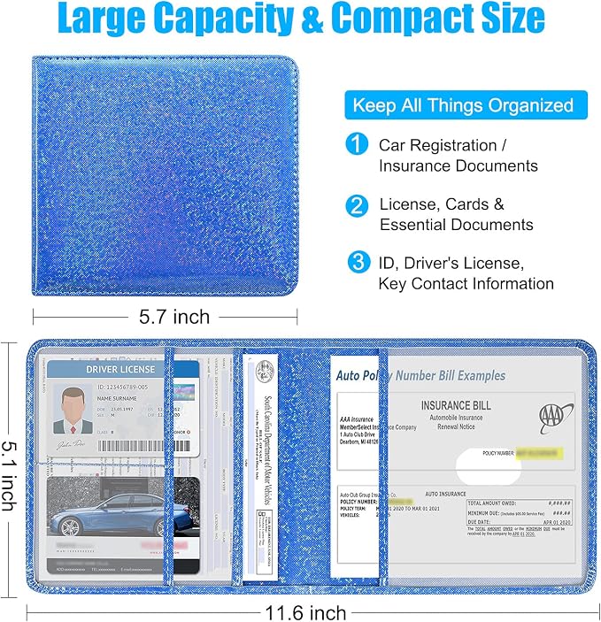 DMLuna Car Registration and Insurance Holder, Folio Leather Vehicle Card Document Glove Box Organizer, Driver License Cards, Royal Blue Glitter