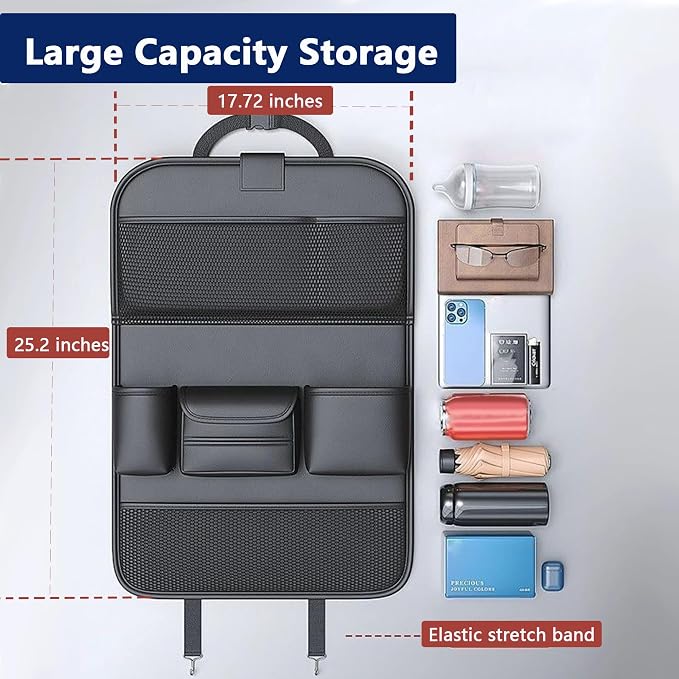 2-Pack Backseat Car Organizer with Tray – 21"x17" Premium PU Leather Kick Mats with Tray, Hanging Car Seat Back Protector & Storage for Tablet, Snacks, Diapers – Universal Fit for SUV, Truck (Black)