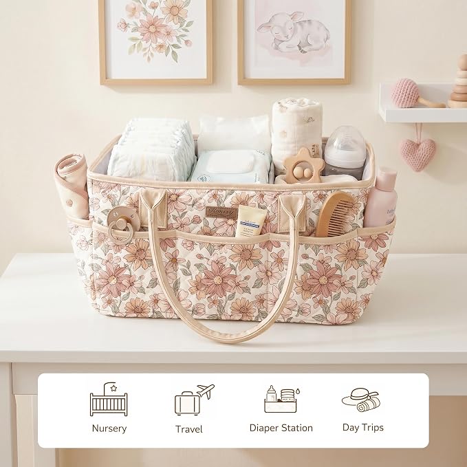 Konssy Floral Quilted Diaper Caddy Organizer, Diaper Caddy Basket with PU Leather Handles, Water-Repellent Nursery Storage Basket, Portable Car Organizer, Registry Search Must Haves (Vintage Petals)