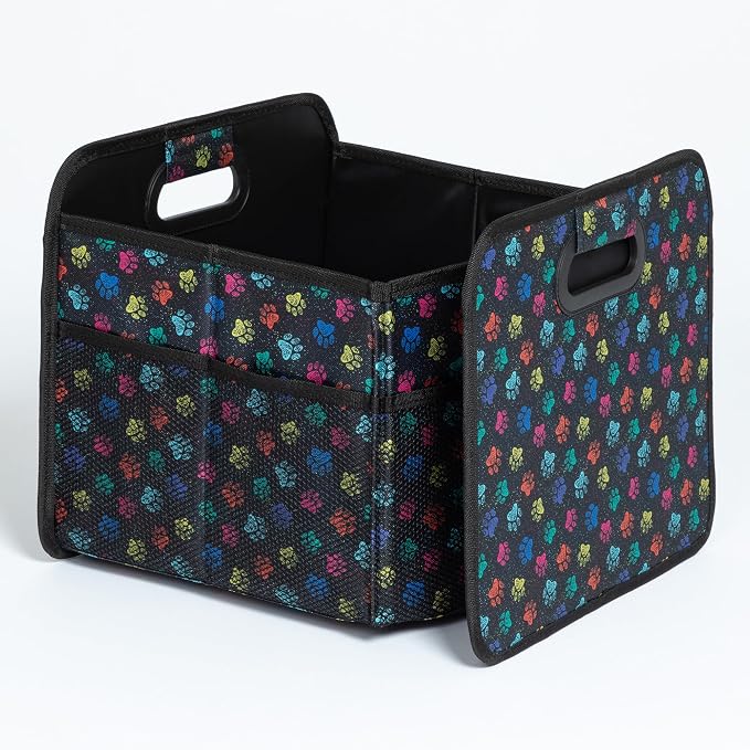 GreaterGood Paws Car Trunk Organizer Foldable Storage Bin with Handles Non Slip Base Pet Gear Travel Tote for SUV Truck (Confetti Paws)