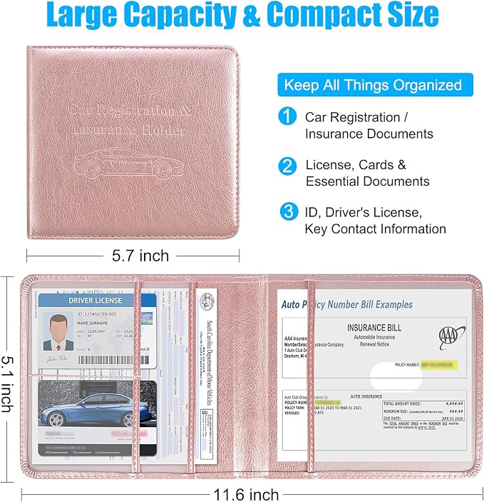 DMLuna Car Registration and Insurance Holder, Folio Leather Vehicle Card Document Glove Box Organizer, Auto Truck Compartment Accessories for Essential Information, Driver License Cards, Rose Gold