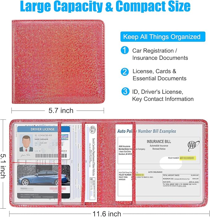 DMLuna Car Registration and Insurance Holder, Folio Leather Vehicle Card Document Glove Box Organizer, Auto Truck Compartment Accessories for Essential Information, Driver License Cards, Red Glitter