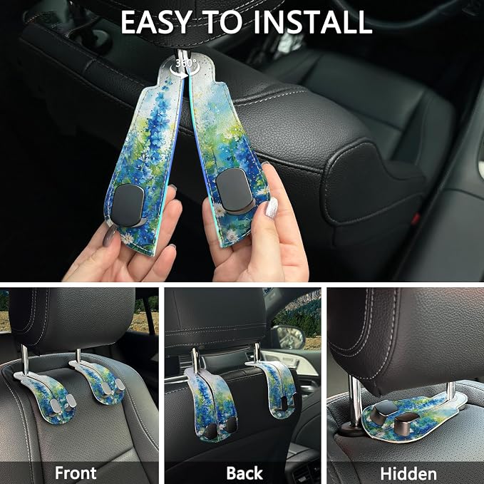 Blusabaca 2PCS Car Seat Back Storage Headrest Hooks, Floral Blue Purse Holder Bags Hanger, PU Leather Double Metal Hook for Backseat Organizer, Women Car Accessories Organization