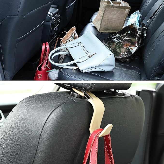 4-Pack 360° Rotating Car Headrest Hooks Vehicle Storage Organizer for Purses Handbags Groceries Coats – Holds 55lbs Simple Design with Clip Beige