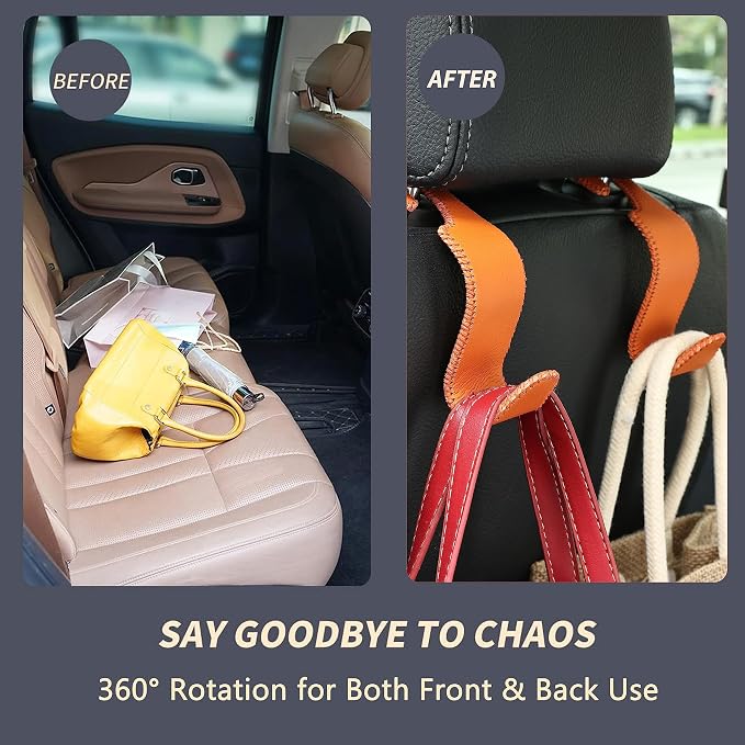 Amooca Car Seat Headrest Hook Universal Vehicle Storage Hanger Leather with Metal Car Seat Back Organizer for Handbag Purse Coat Orange 4 Pack