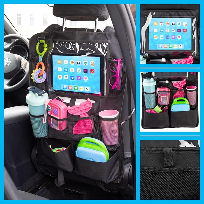 Stalwart Car Seat Organizer 2-Pack - Car Organization Attachments for Backseat with 9 Pockets and Tablet Holder - Road Trip Essentials (Black)