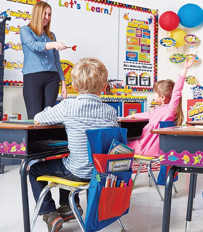 Carson Dellosa Chairback Buddy Pocket Chart―Blue and Red Desk Chair Seat Back Organizer With 6 Pockets for Classroom Supplies, Student Name Tag With Pocket (15" x 19")
