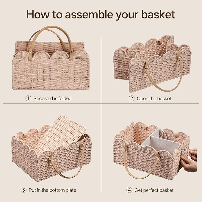 HBlife Baby Diaper Caddy, Paper Rope Storage Baskets Nursery Bin with Removable Divider, Portable Car Organizer for Diapers, Baby Shower Gifts, Newborn Essentials Must Haves
